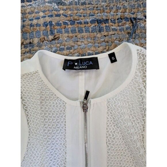 Patrizia Luca Milano Full Zip Mesh White Short Sleeve Jacket Top Small Pockets - Picture 5 of 7